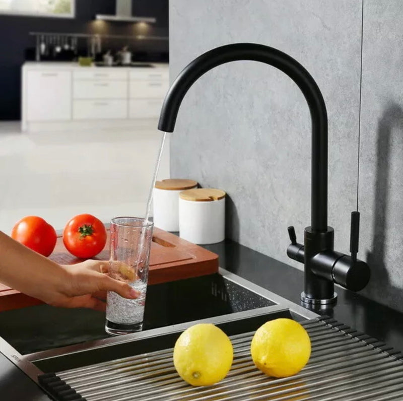 Black 3 Way Pure Drinking Water Hot & Cold Swivel Spout Kitchen Mixer