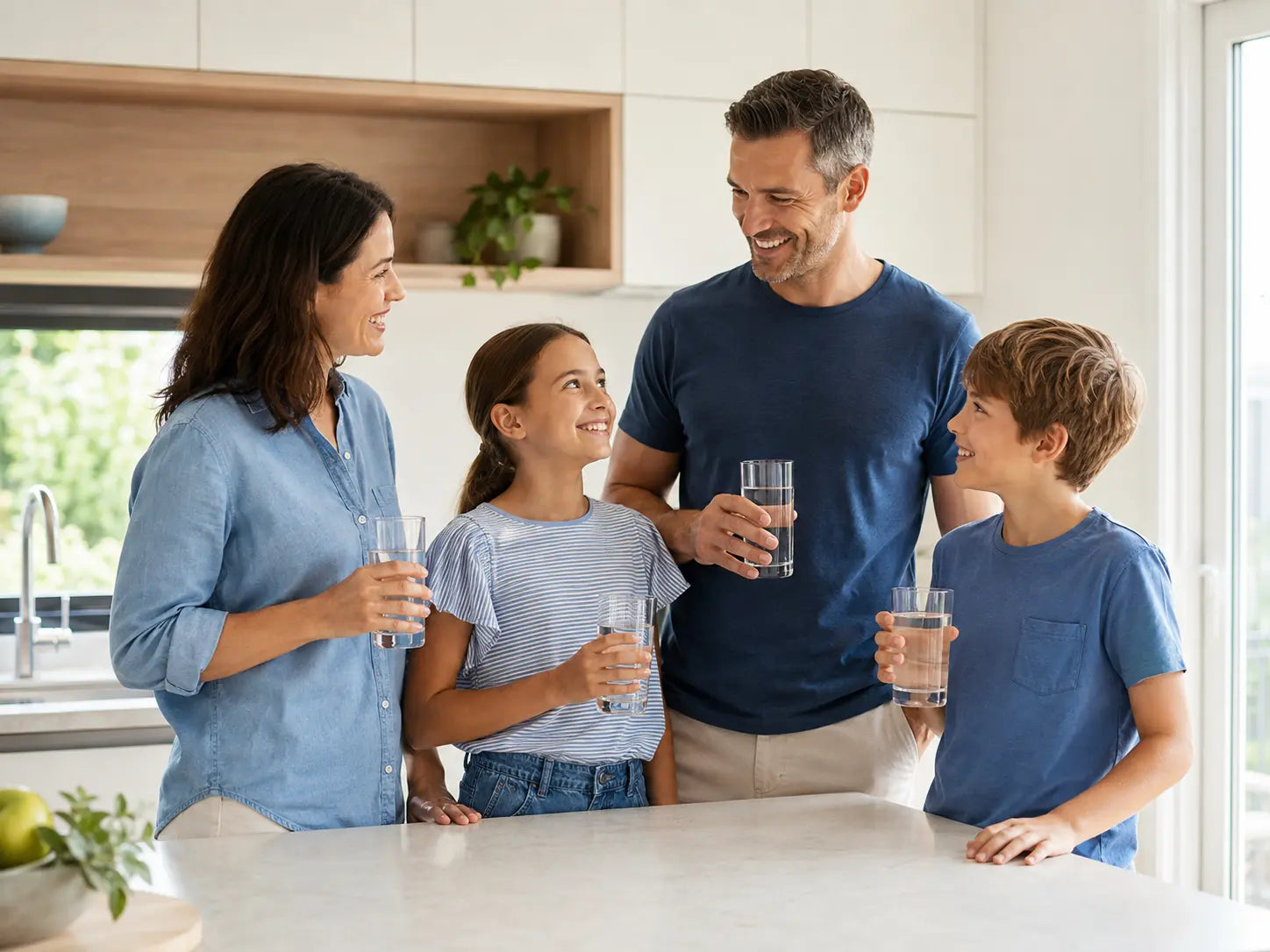 Family enjoying clean drinking water together in a bright modern kitchen