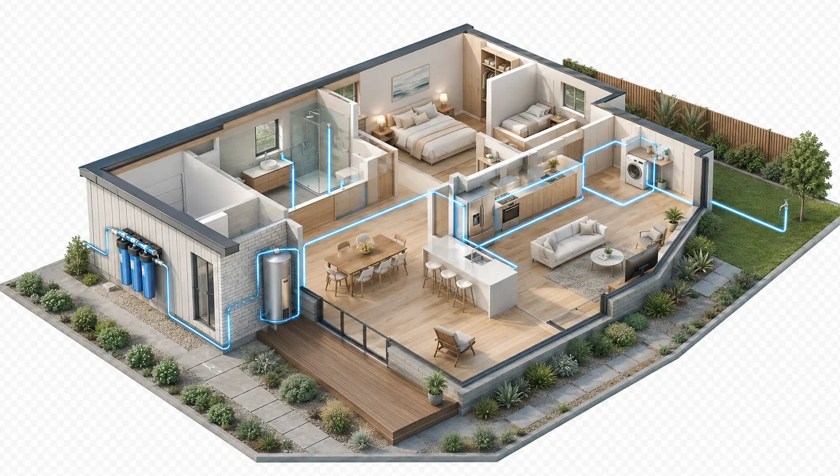 Cutaway Australian home showing whole-house water filtration supplying the bathroom, kitchen and laundry